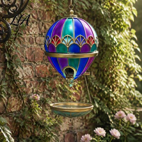 Outdoor Bird Feeder Hot Air Balloon Feeder, Retro Stained Glass Art with Water Tray, Hanging Bath for Garden Patio Backyard Wild Station
