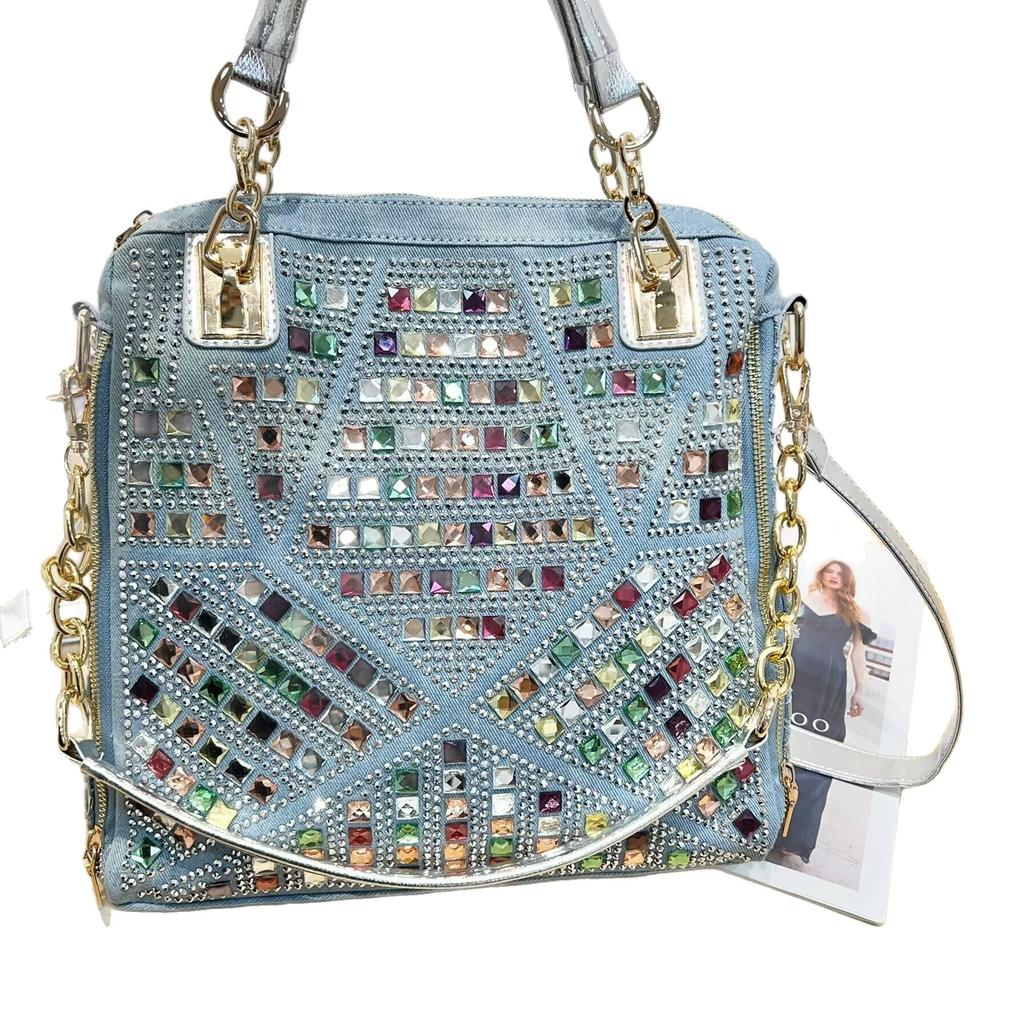 Rhinestone Embellished Denim Tote Bag - Woven Canvas Shoulder Bag with Diamond Accents, Large Capacity Crossbody Purse for Women
