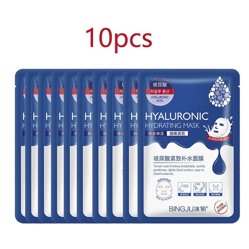 10Pcs Hyaluronic Acid Facial Mask Sheet Pores Moisturizing Oil-Control Anti-Aging Replenishment Whitening Face Care