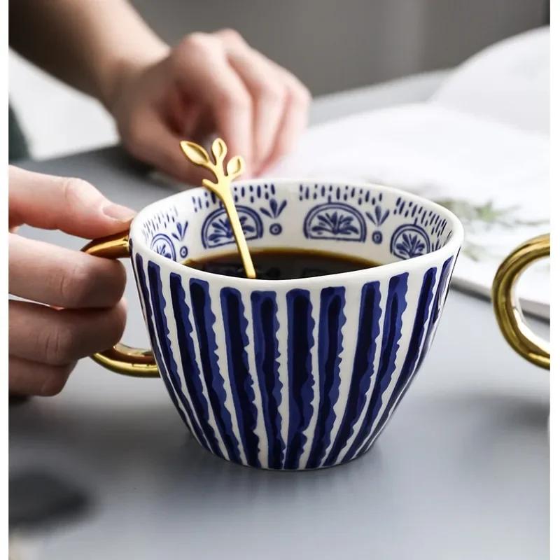 Ручная роспись геометрические керамические кружки с золотой ручкой Необычные чашки ручной работы для кофе, чая, молока, овсянки, креативные подарки на день рождения