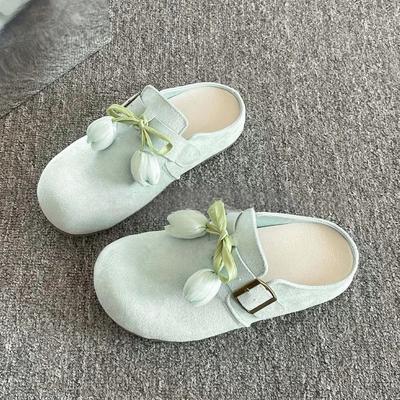 Женские летние новые туфли-балетки с круглым носком, глубоким вырезом, бантом и цветком, нескользящие, износостойкие, на платформе, с закрытым носком, полушлепанцы Zapatos Mujer