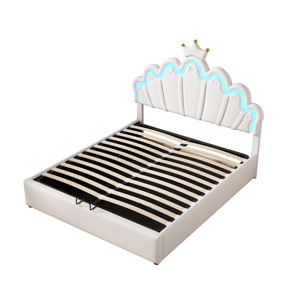 140*200cm Flat Bed, Upholstered Bed, Princess Bed, Adjustable Ambient Lighting, Crown Strip, White