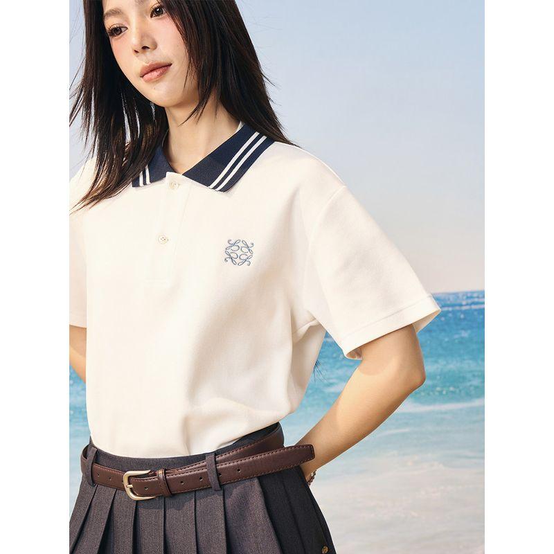 HACR Women Harshandcruel Korean Style High JGG Miu Style Embroider Color Matching Texture Half Cardigan Short-Sleeve Polo Shirt