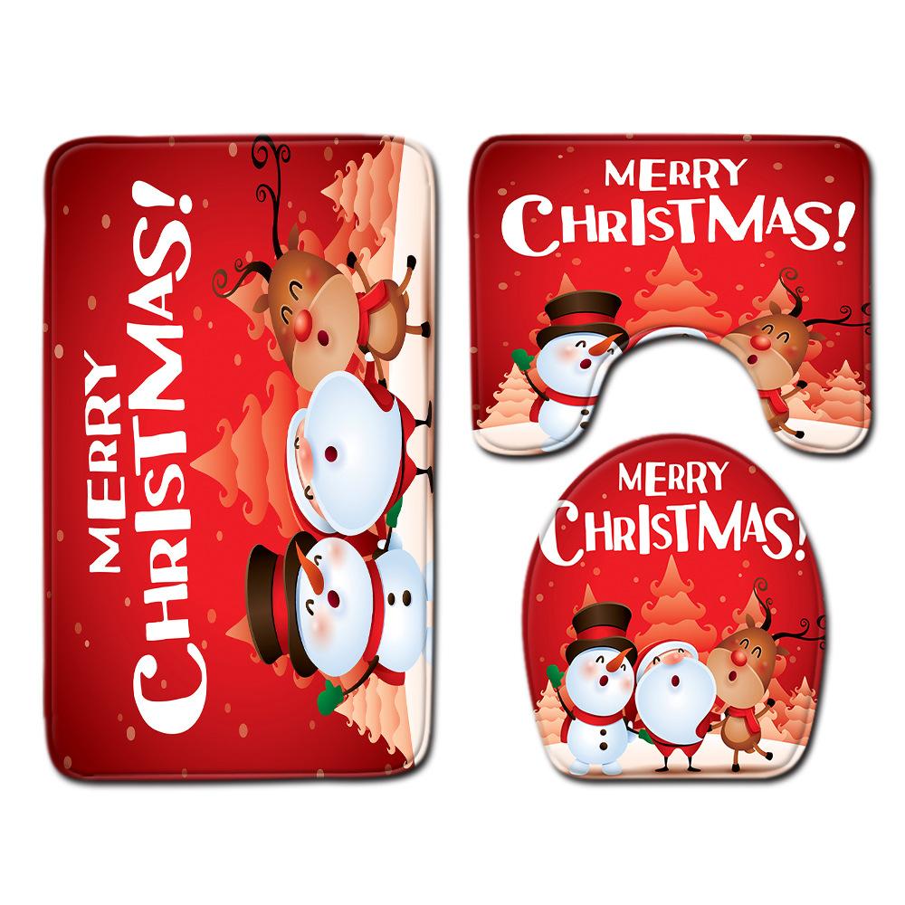 Christmas Bathroom Shower Curtain Toilet Floor Mat Four-Piece Bathroom Non-Slip Door Mat Kitchen Bedroom Absorbent Carpet