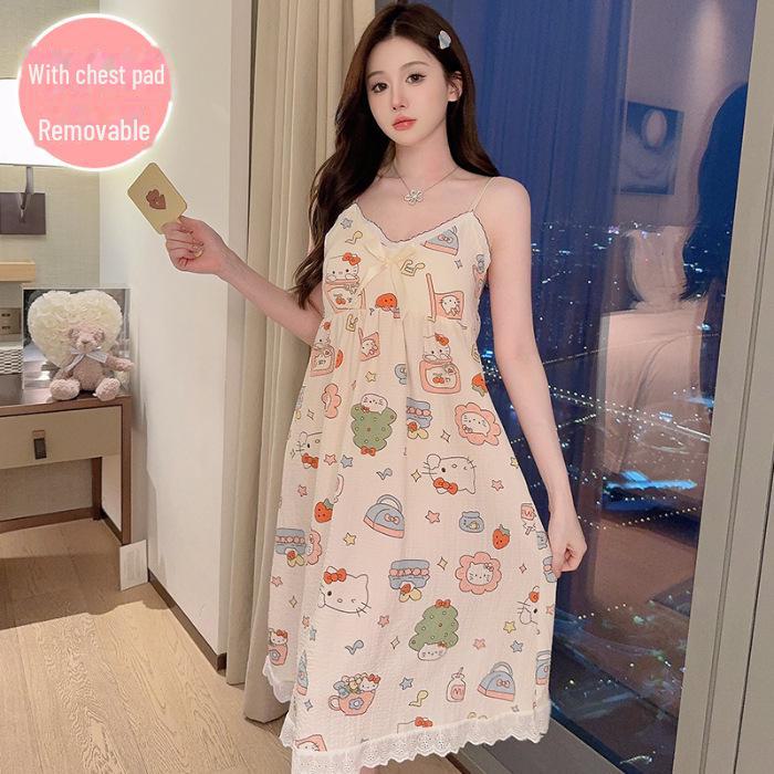 Женская летняя ночная рубашка из хлопка с пузырьками и подтяжками на груди — легкая, стильная домашняя одежда для дома и улицы