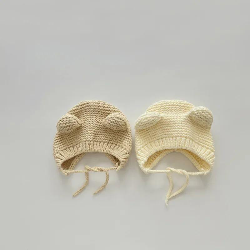 Милая шапочка для новорожденных, кавайная, с мультяшными ушками медведя, вязаная крючком, для мальчика и девочки, теплая шапка на осень и зиму, реквизит для фотосъемки малышей