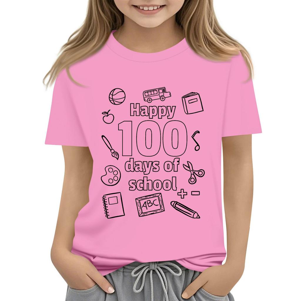 Kids Fashion Casual Short Sleeve 100 Day School Anniversary Printed Round Neck T-Shirt Top