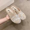 Female Shoes Ladies' Slippers Flower Low Fretwork Heels Cover Toe Loafers Flat Summer TPR PU Floral Fabric Slides Round Cot