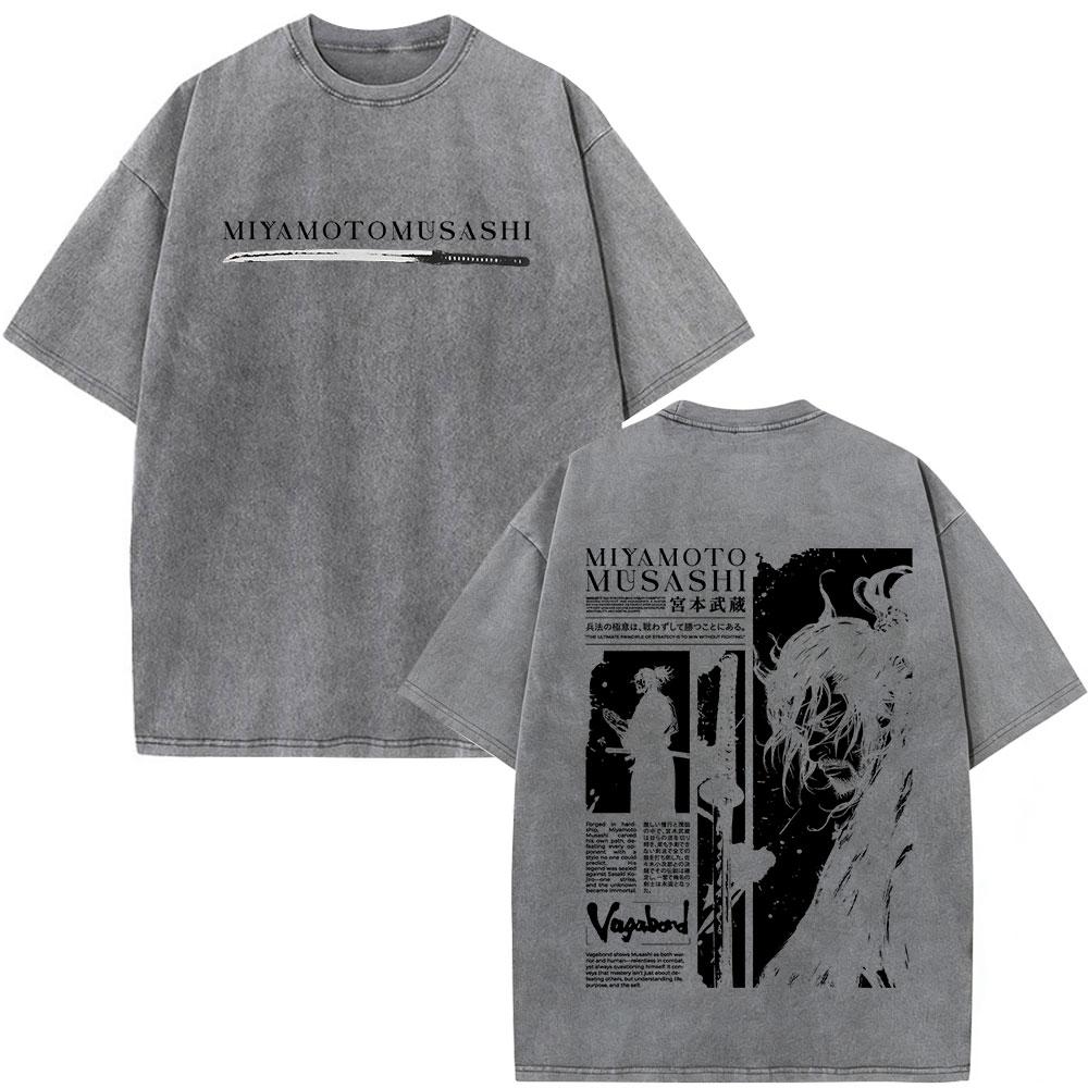 Vintage Washed Anime Vagabond Miyamoto Musashi Manga Tshirts Men Women Clothing Casual Cotton Short Sleeve Oversized T Shirts