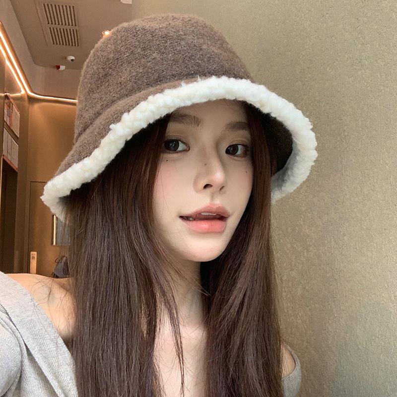 Женская шляпа рыбака с меховой отделкой, осенне-зимняя, литературная и универсальная, шляпа-ведро для большой головы, которая делает лицо меньше