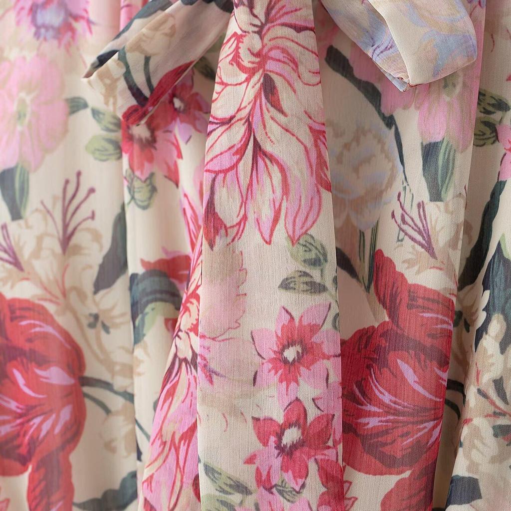 Весеннее платье миди с цветочным принтом, поясом, воротником-бантом и длинными рукавами для женщин.