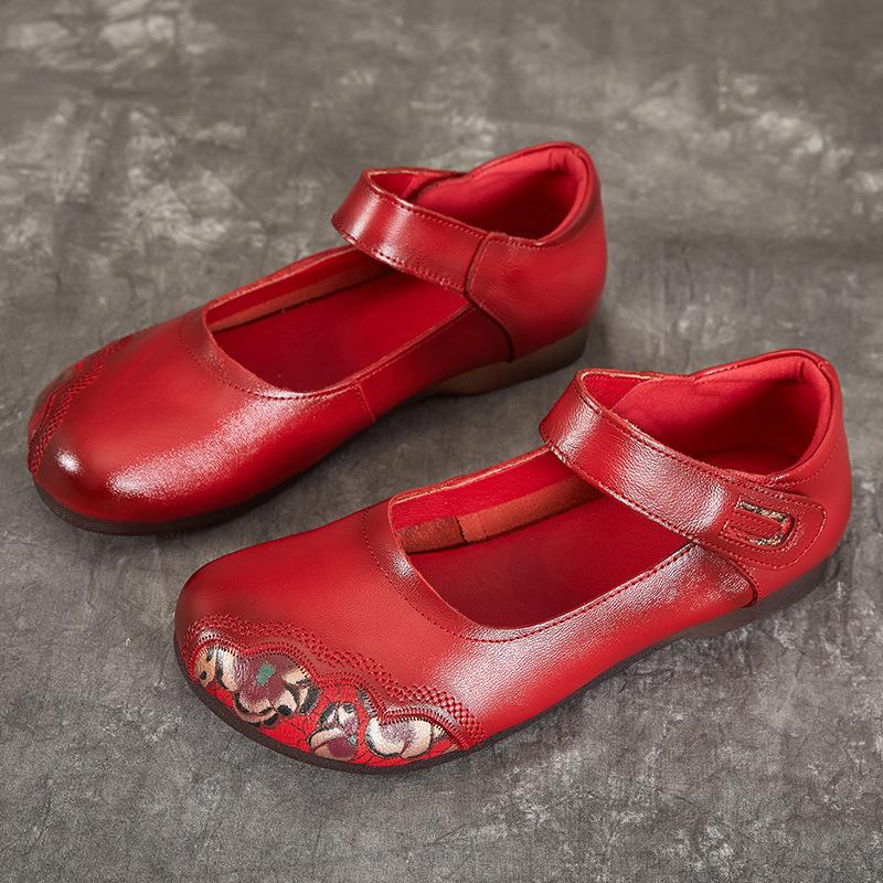 Flat Shoes Women's Shoes Ethnic Style Head Layer Cowhide Single Shoes Soft Bottom Leather Shoes