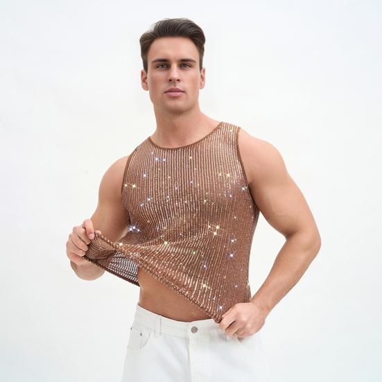 Мужской блестящий жилет со стразами, прозрачная сексуальная майка с круглым вырезом без рукавов для музыкального фестиваля, рейва, ночного клуба, бара, вечеринки