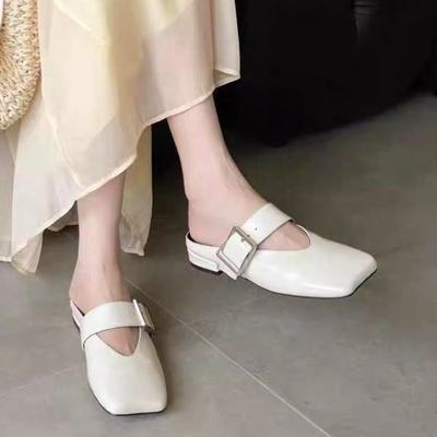 Модные весенние новые неглубокие шлепанцы женская обувь женские универсальные модные туфли с квадратным носком металлической пряжкой на мягкой подошве на блочном каблуке