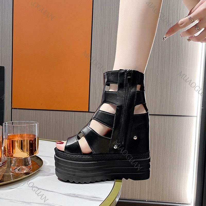 Fashion Fashion Women's Roman Sandals Summer Ultra High Heel Wedge Platform Shoes Side Zip Open Toes Solid Color Sexy Sandalias De Mujer