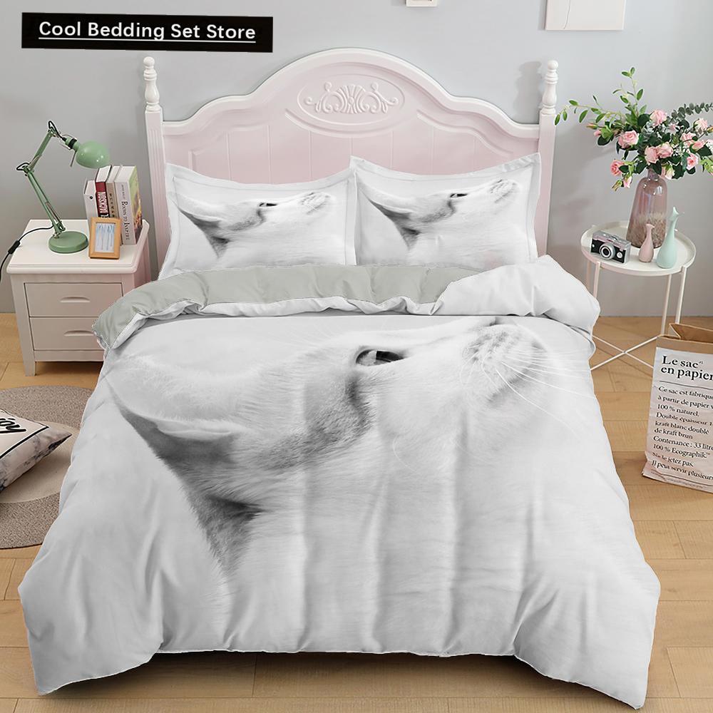 White Cat King Queen Duvet Cover Kawaii Pet Kitty Bedding Set for Kids Teens Adults Family Animal 2/3pcs Polyester Quilt Cover