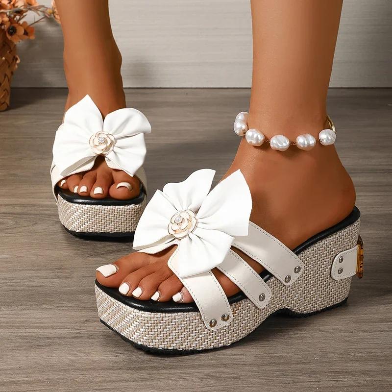 Fashion Fashion Shoes Bow Knot Platform Slippers for Women Buckle Design Sandals Thick Bottom Slides Ladies New Square Toe Wedge Sandals