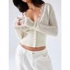 Womens Lace Trim Solid V Neck Long Sleeve Slim Fit Knit Cardigan Top