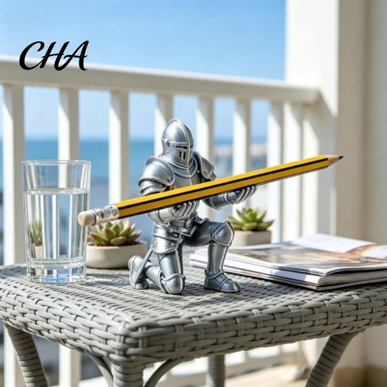 Desktop Storage Ornament 3D Printed Knight Pen Holder, Kneeling Armor Stand, Vintage Desk Statue Stationery Organizer for Office Study And Gaming