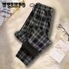 Женские зимние плюшевые повседневные брюки в клетку с высокой талией, свободные теплые длинные шаровары большого размера