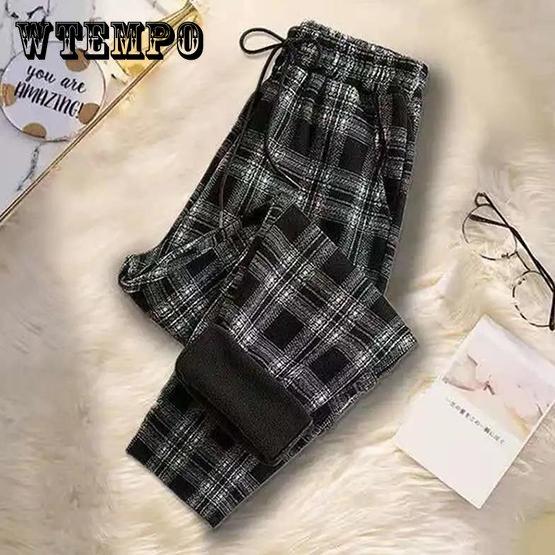 Женские зимние плюшевые повседневные брюки в клетку с высокой талией, свободные теплые длинные шаровары большого размера
