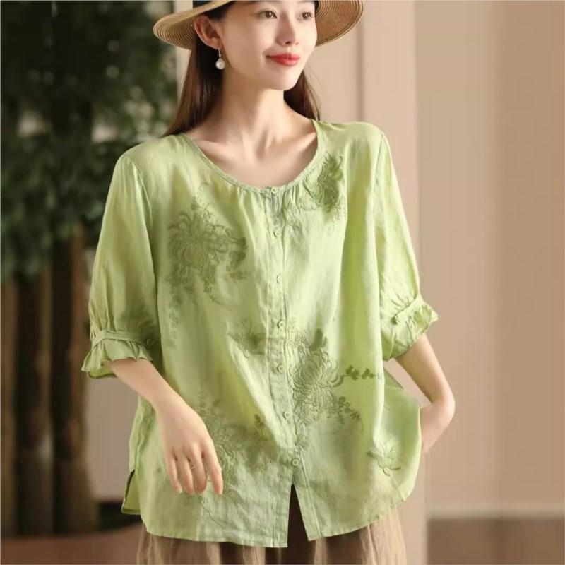 Johnature Women Chinese Style Embroidery Floral Shirts O-Neck Half Sleeve Tops Summer Loose Solid Color Shirts