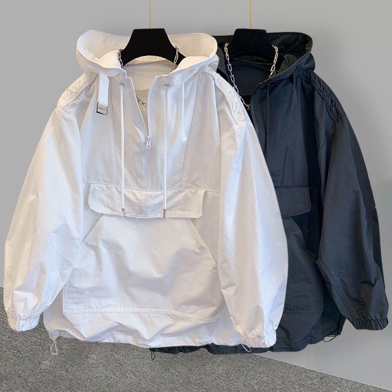 Men's Trendy Hooded Windbreaker Jacket with Pocket and Stitching Design - Lightweight and Stylish for Sun Protection
