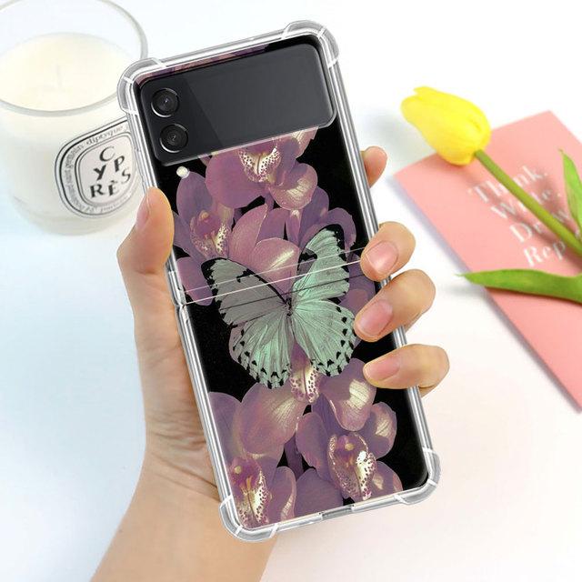 Роскошный чехол с бабочкой и цветком для Samsung Galaxy Z Flip 3 4 5g Funda Z Flip3, прозрачный жесткий противоударный чехол для ПК, чехол для телефона
