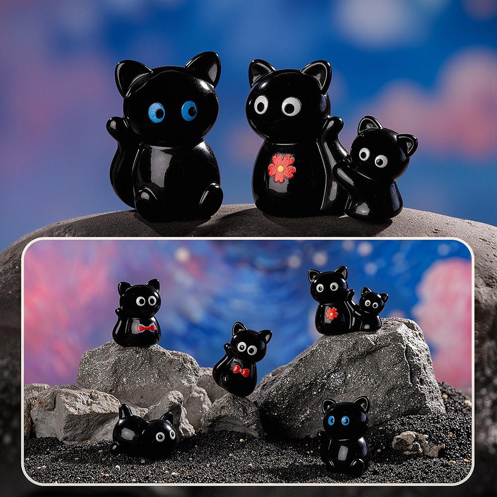 Милая мультяшная фигурка черной кошки из смолы, мини-фигурки животных, украшения для автомобиля, детская игрушка, поделки, подарок, настольное украшение для дома