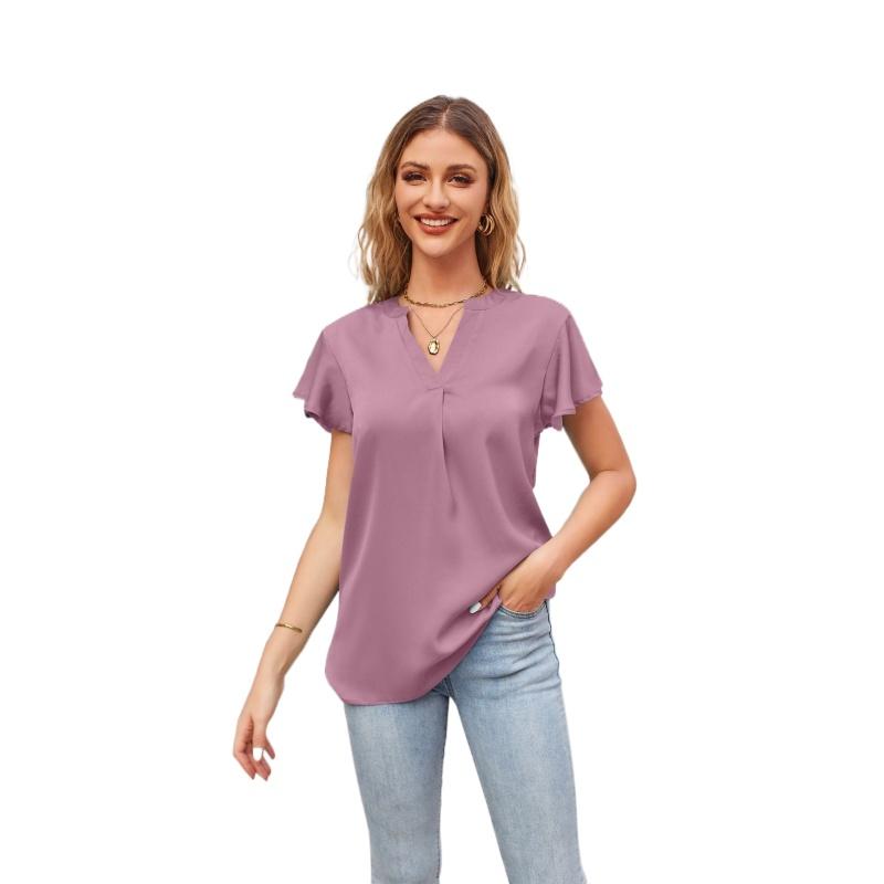 Летняя футболка в европейском и американском стиле, новый женский атласный топ с v-образным вырезом и рюшами на рукавах, модный офисный топ S-2XL