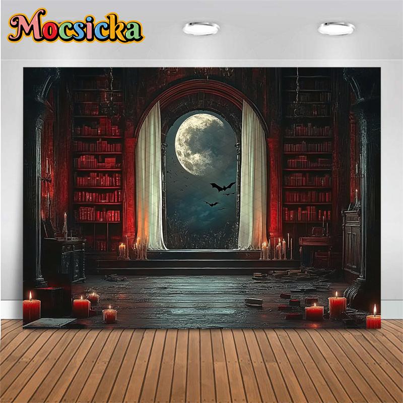 Mocsicka Halloween Background Ancient Night Moon Bat Indoor Home Bookshelf Decorations Child Baby Portrait Photo Backdrop Banner