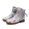 Johnature Genuine Leather Patchwork Printed Ankle Boots Women Shoes Ethnic Style Handmade Round Toe Short Boots