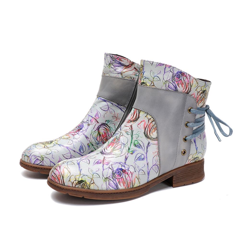 Johnature Genuine Leather Patchwork Printed Ankle Boots Women Shoes Ethnic Style Handmade Round Toe Short Boots