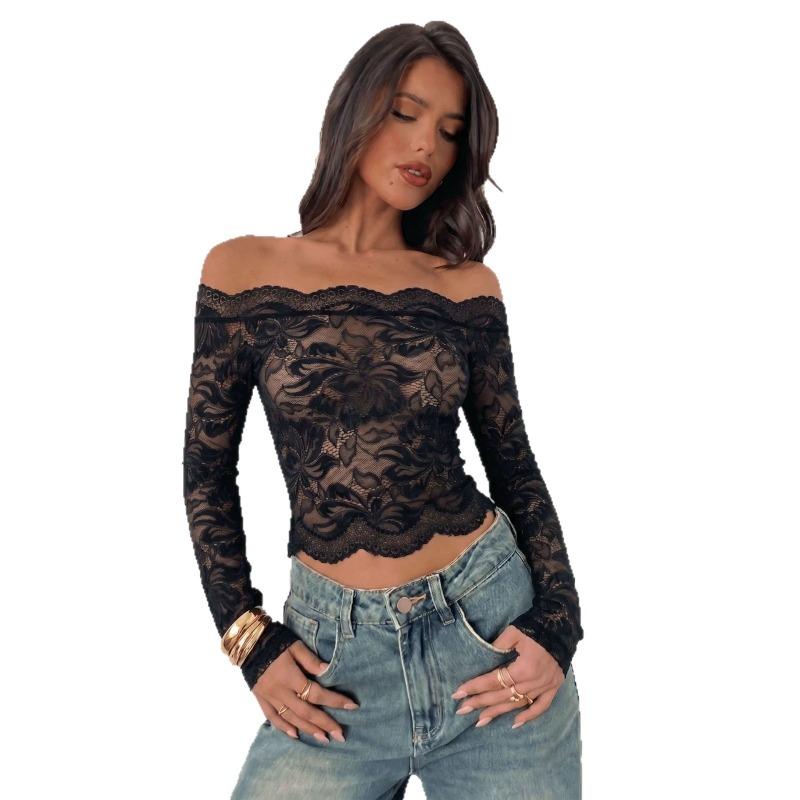 Women S Elegant Lace Long Sleeve Slim Fit Off Shoulder Top