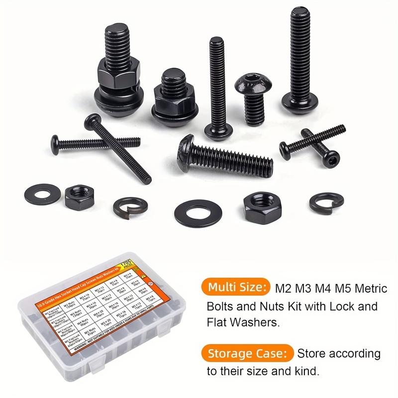 1705pcs Hex Button Machine Screws Assortment Kit: M2, M3, M4, M5 Metric Bolts, Nuts, Lock & Flat Washers.