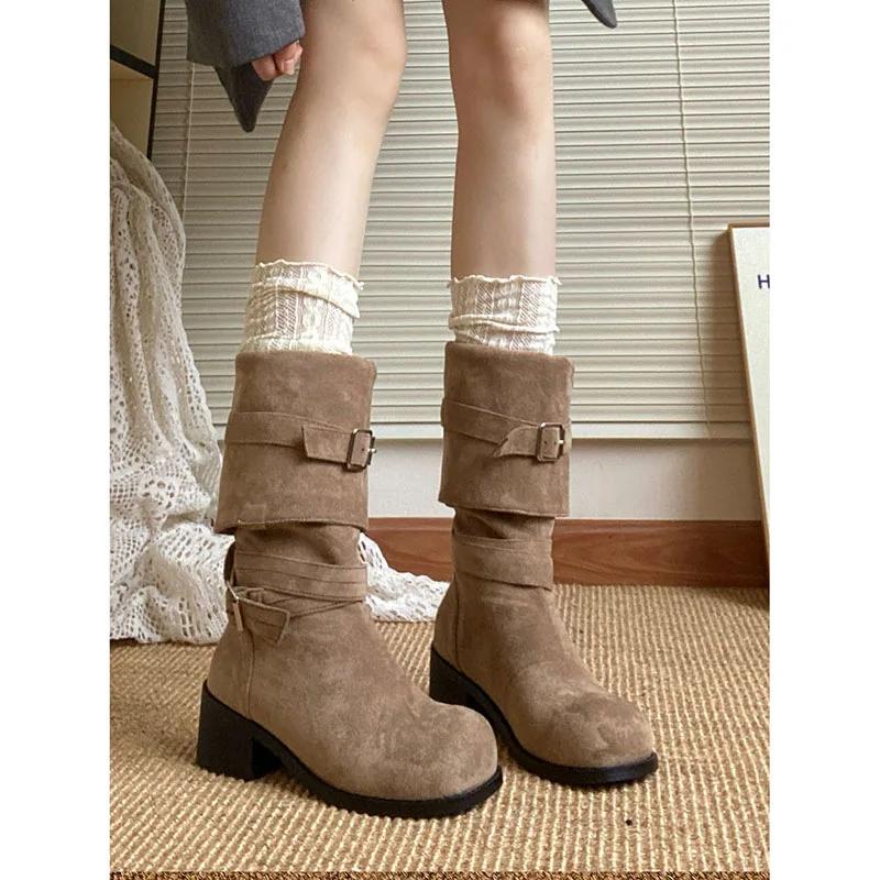 Fashion Women Vintage Pile Western Cowboy Boots Spring Autumn Long Boots Women Round Toe Slip On Knee High Casual Platform Botas Mujer