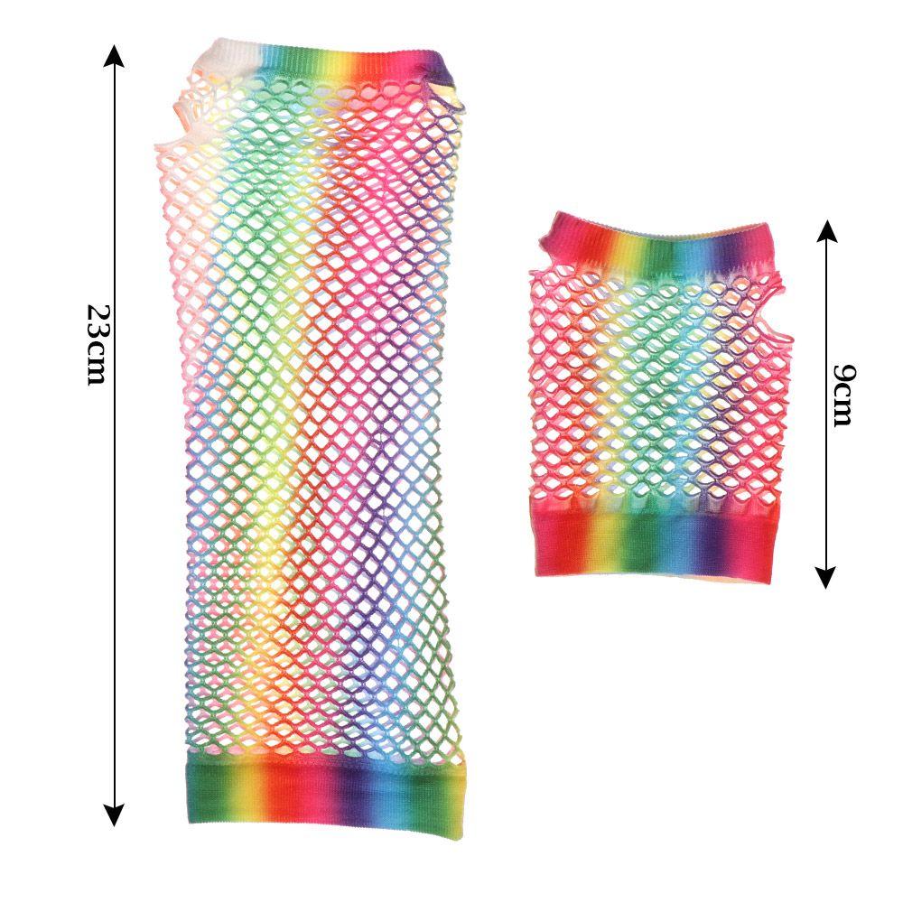 Fashion Wedding Party Colorful Disco Dance Hollow Out Holes Gloves Fingerless Mesh Net Rainbow
