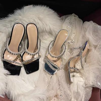 Тапочки с прозрачным ремнем и стразами, женские летние новые корейские туфли на высоком каблуке, универсальные модные сандалии