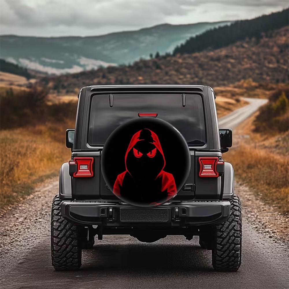 Dark Red Eyed Hooded Figure Tire Cover Durable Polyester Spare Wheel Protector For SUV And