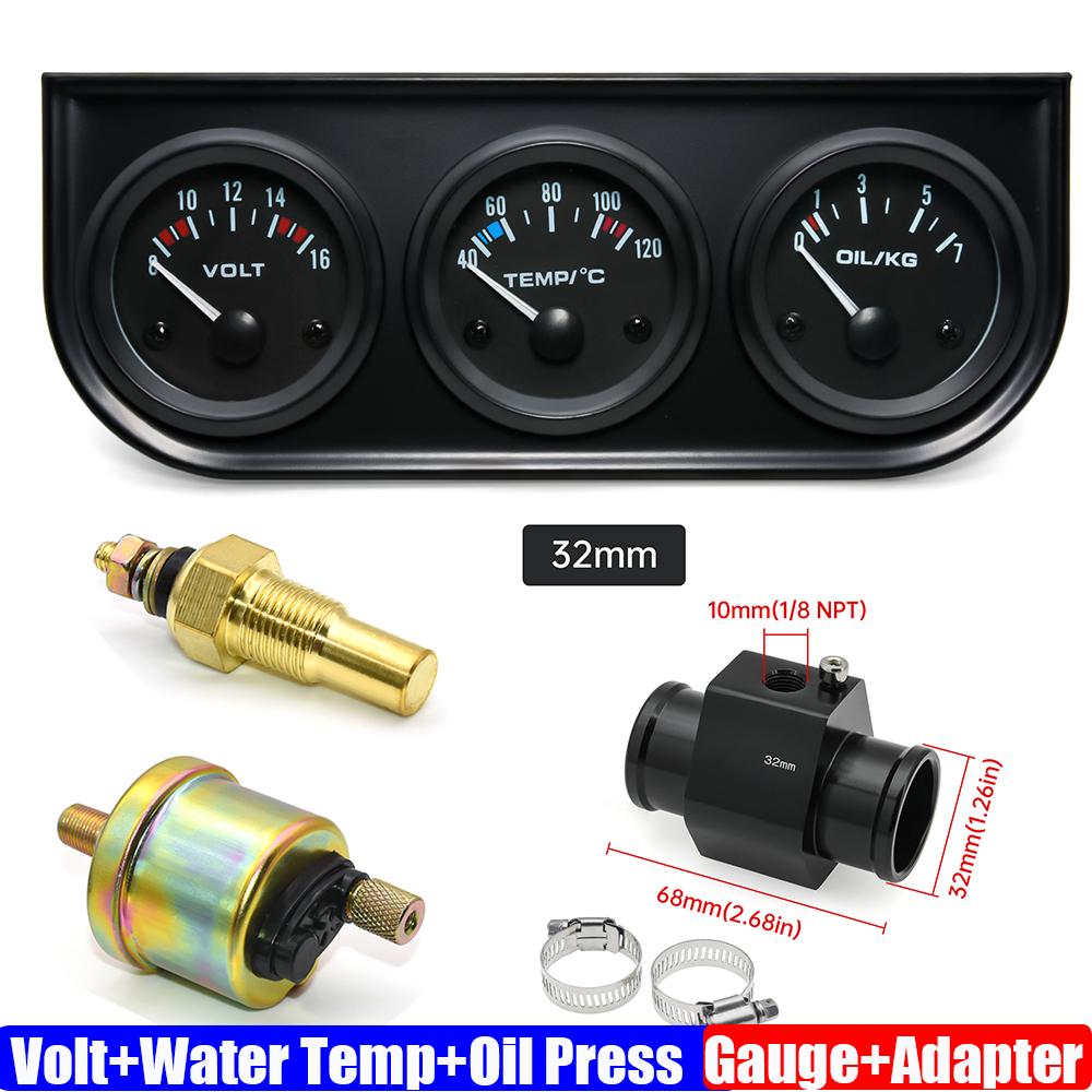 3 IN 1 Triple Gauge Kit 12V 52mm VOLT+Water Temp Meter+Oil Pressure Gauge+Sensor Temperature Radiator Hose Adapter 26MM-40MM