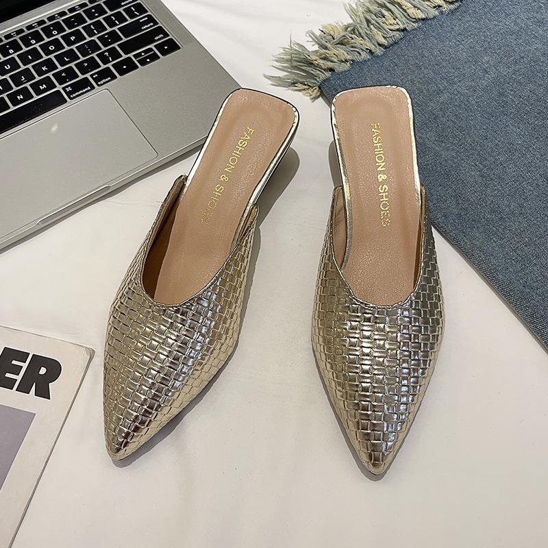 Женская обувь иностранной торговли 2025 года, летние туфли на среднем каблуке с острым носком, модные босоножки с завязками на голове, золотые, серебряные, плетеные босоножки