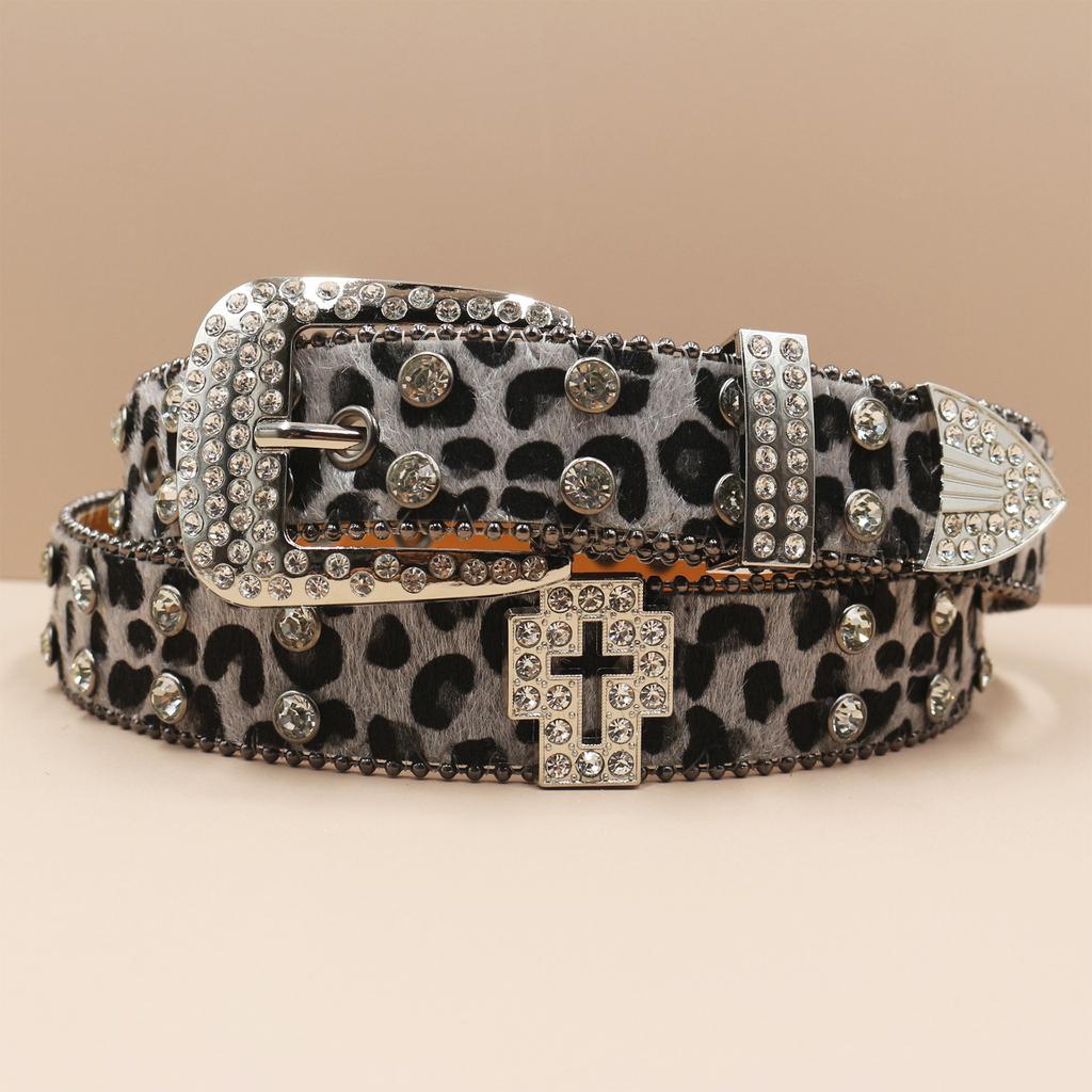 Cross Belt Leopard Print Western Rhinestone Belt Personalized Denim Woman Rivet Jeans Belt