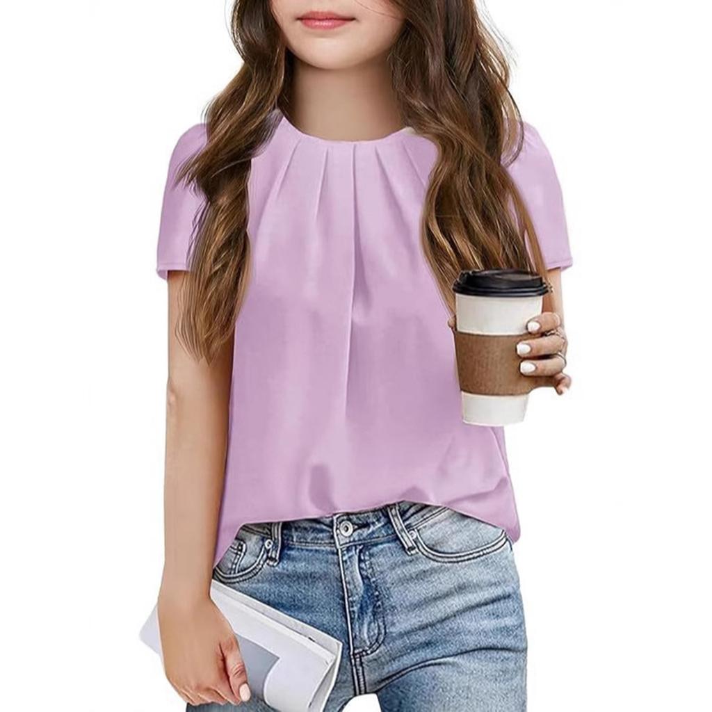 Children's Short-sleeved Solid Color T-shirt For Girls With Puffed Sleeve Chiffon Top