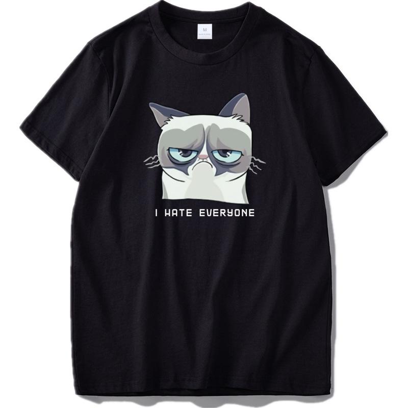 I Hate Everyone Tshirt Black Cat Top Clothing Pure Cotton Soft Animal Print T Shirt White