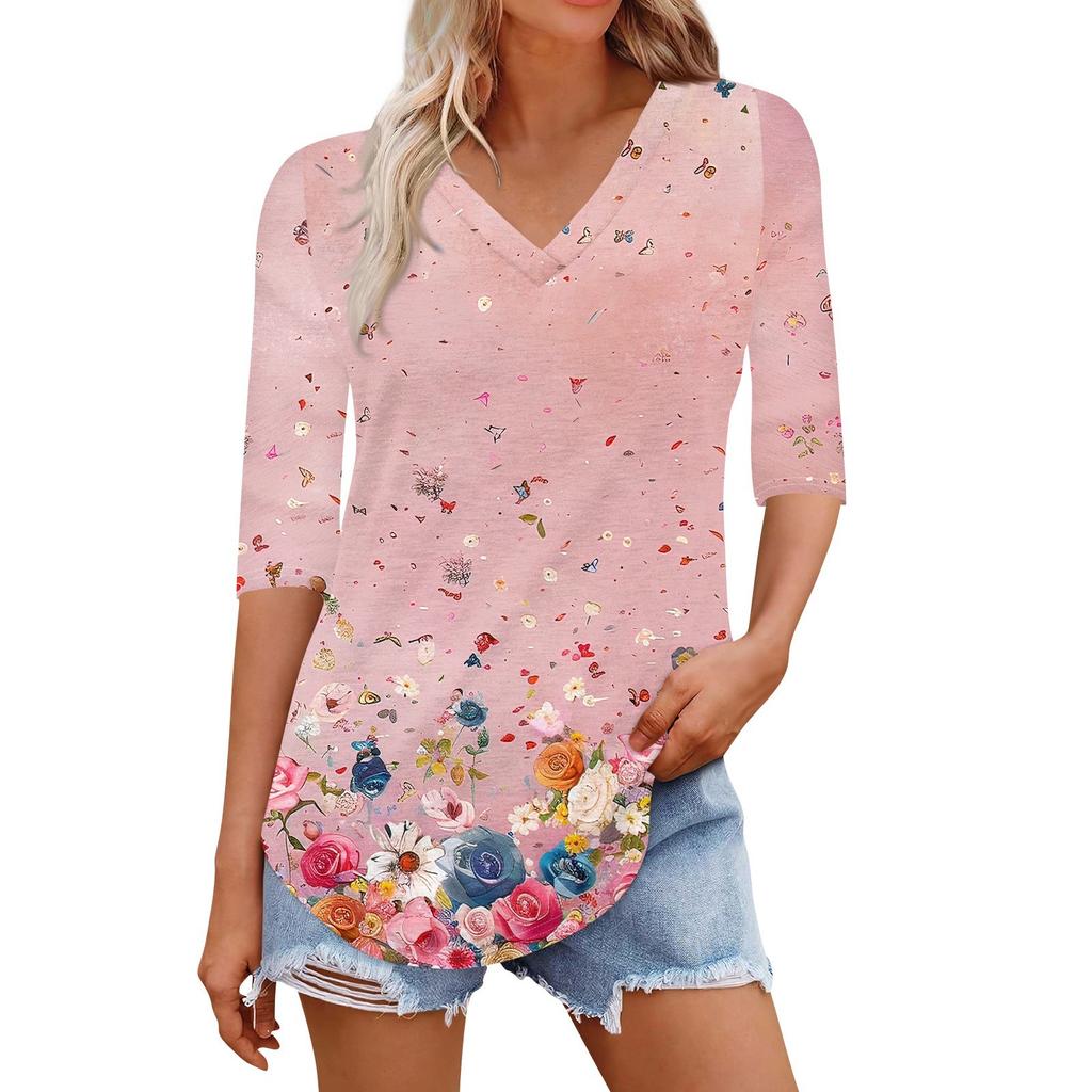 Рубашки для женщин Модные футболки с V-образным вырезом Повседневные блузки с принтом Топы с коротким рукавом для женщин