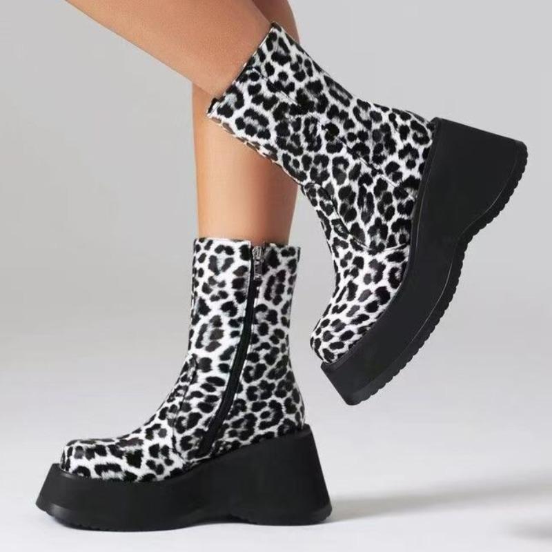 Women Leopard Platform Ankle Boots Fashion Wedges High Heels Shoes Winter 2025 Trend Designer New Pumps Goth Chelsea Botas Mujer