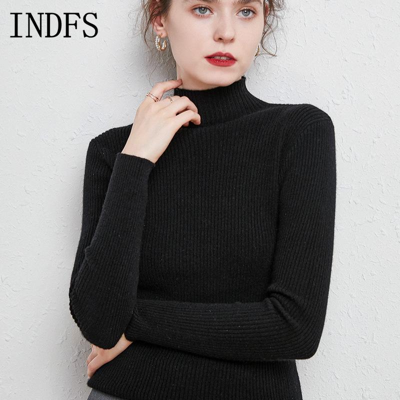 INDFS Женская мода Повседневный Осень Зима Однотонный Принт Длинный Рукав Полуводолазка Свитера