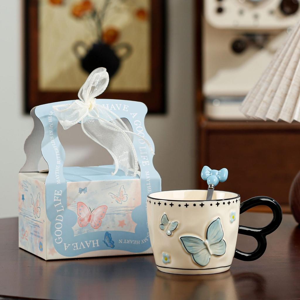 Высококачественная чашка-бабочка в форме сердца для девушки, сувенирная чашка для воды, подарок на день рождения, кофейная кружка с ложкой, керамическая чашка