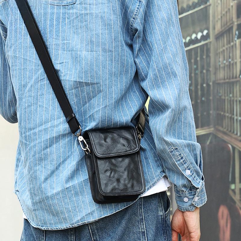 Men's Plant-tanned Leather Shoulder Bag Wear Belt Casual Mobile Phone Fanny Pack Genuine Leather Vintage Crossbody Bag