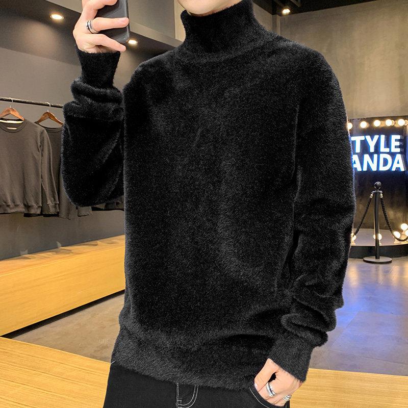 Свитшот из искусственного меха норки, мужской, антипиллинговый, высококачественный, трикотажный свитер с высоким воротом, облегающий, с длинным рукавом, однотонный, трендовая мужская одежда